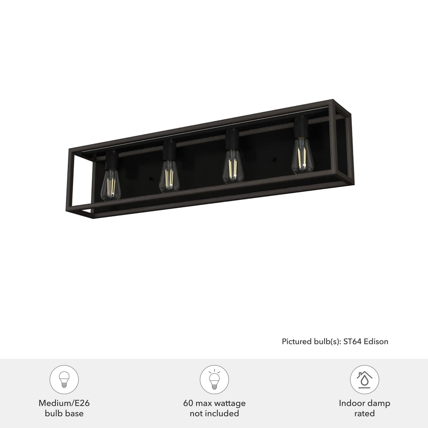 Hunter - Squire Manor 4-light Matte Black, Medium Size Vanity Light, Dimmable, Modern Style, for Bedrooms, Dining, Living Rooms - 19675 - Image 3