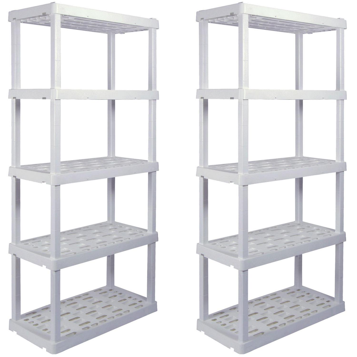 Hyper Tough Plastic Storage Shelves 5-Tier 73.8"H x 36"W x 17.75"D, 2-Pack White, 750 lbs Total Capacity