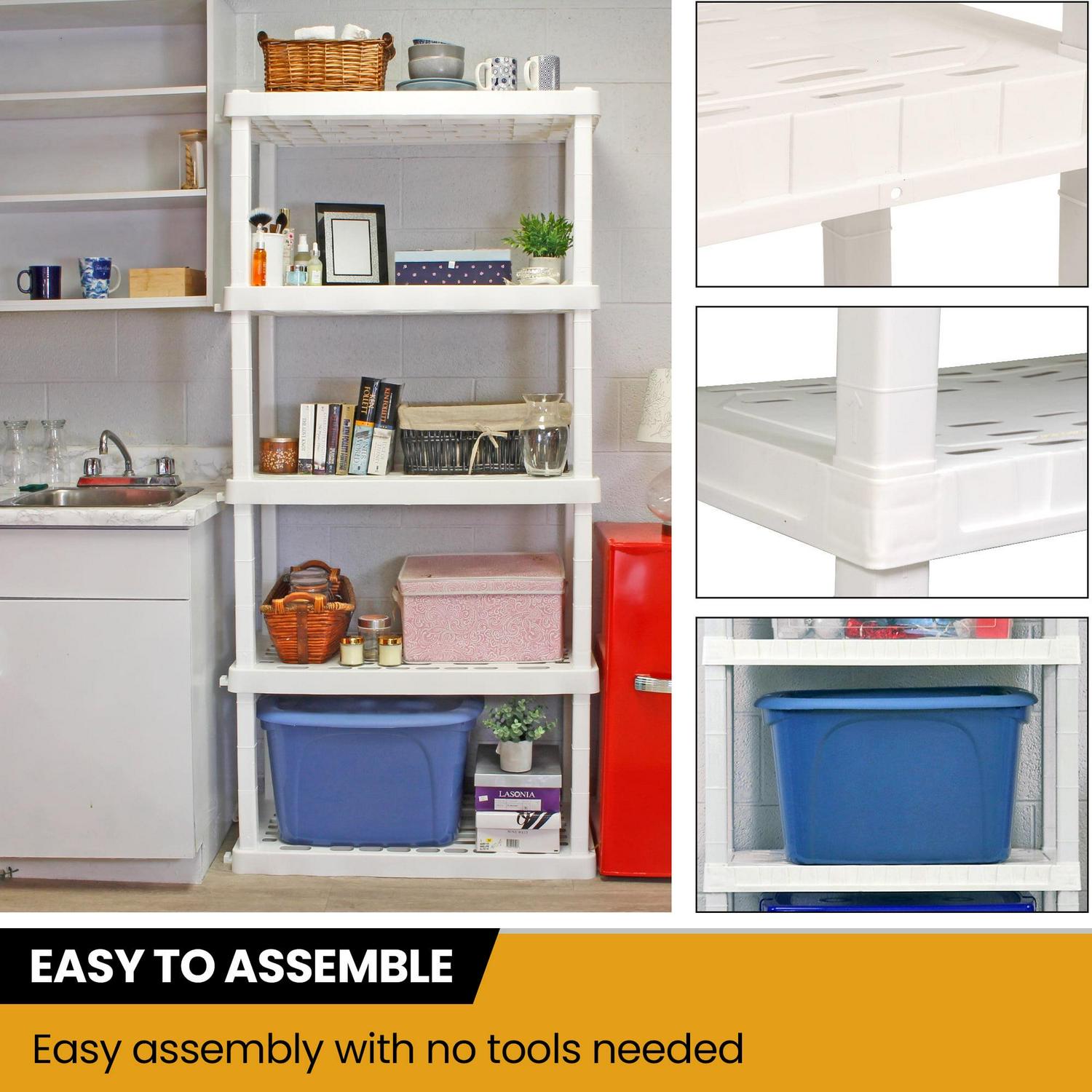 Hyper Tough Plastic Storage Shelves 5-Tier 73.8"H x 36"W x 17.75"D, 2-Pack White, 750 lbs Total Capacity - Image 5