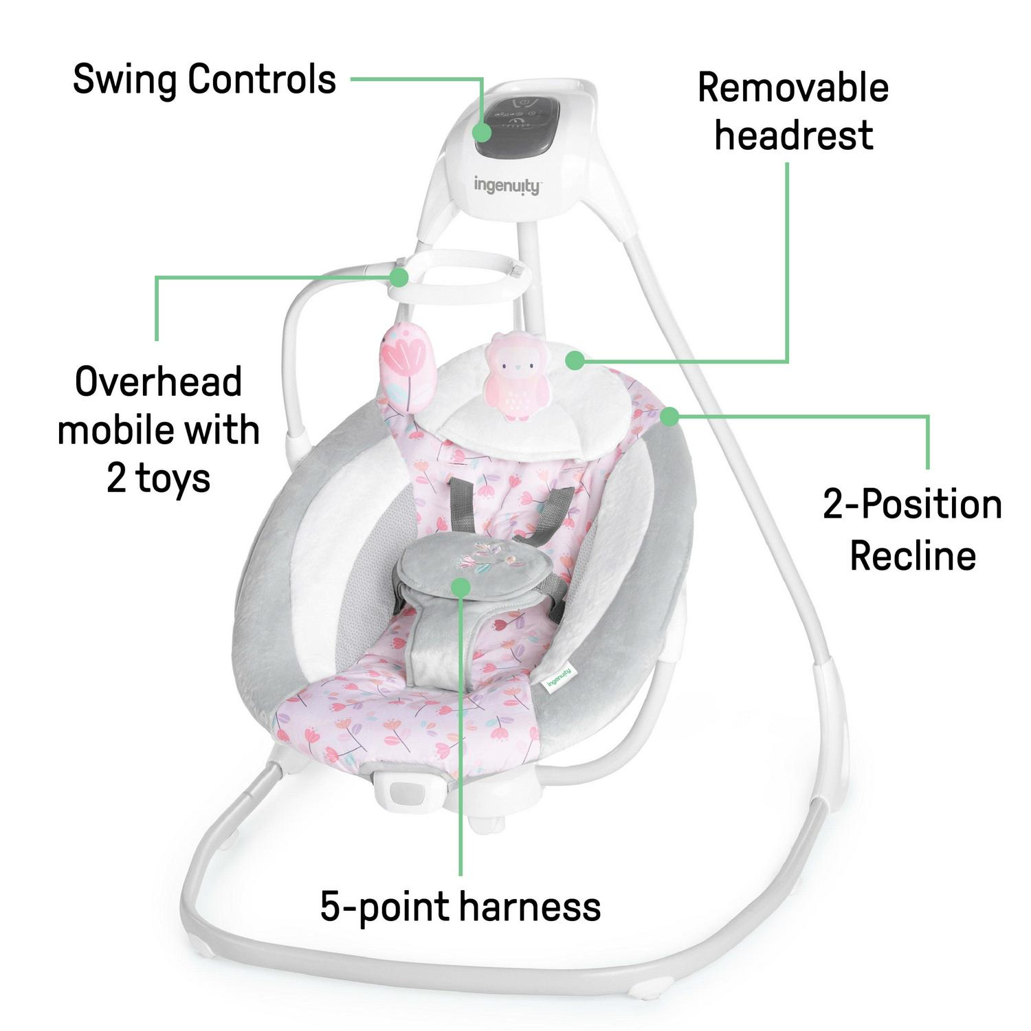Ingenuity SimpleComfort Multi-Direction Compact Baby Swing with Vibrating Seat, For Infants, Unisex - Cassidy (Pink) - Image 7