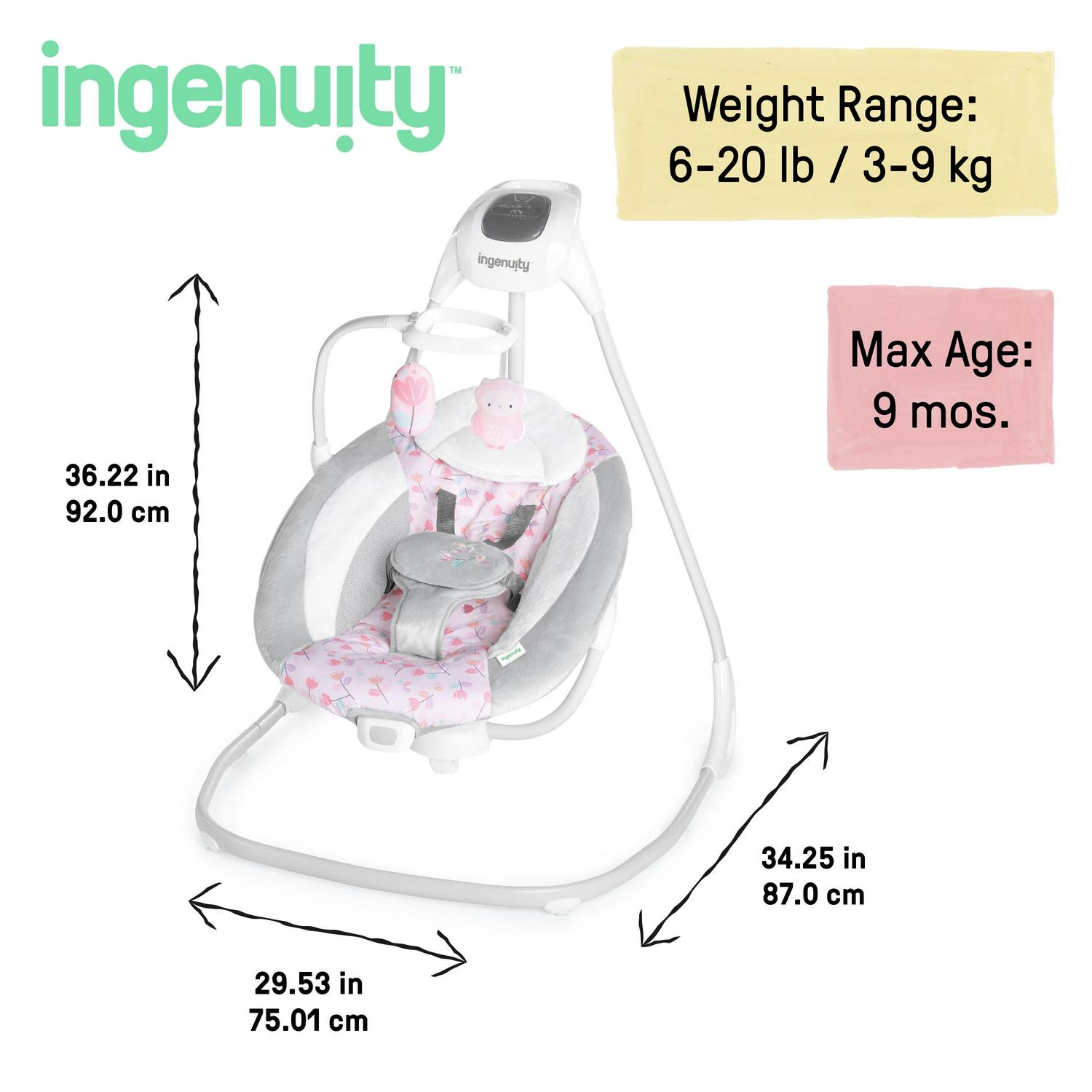 Ingenuity SimpleComfort Multi-Direction Compact Baby Swing with Vibrating Seat, For Infants, Unisex - Cassidy (Pink) - Image 4