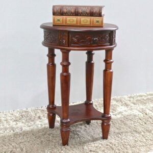 Windsor Carved Wood Round Table with Drawer - Walnut