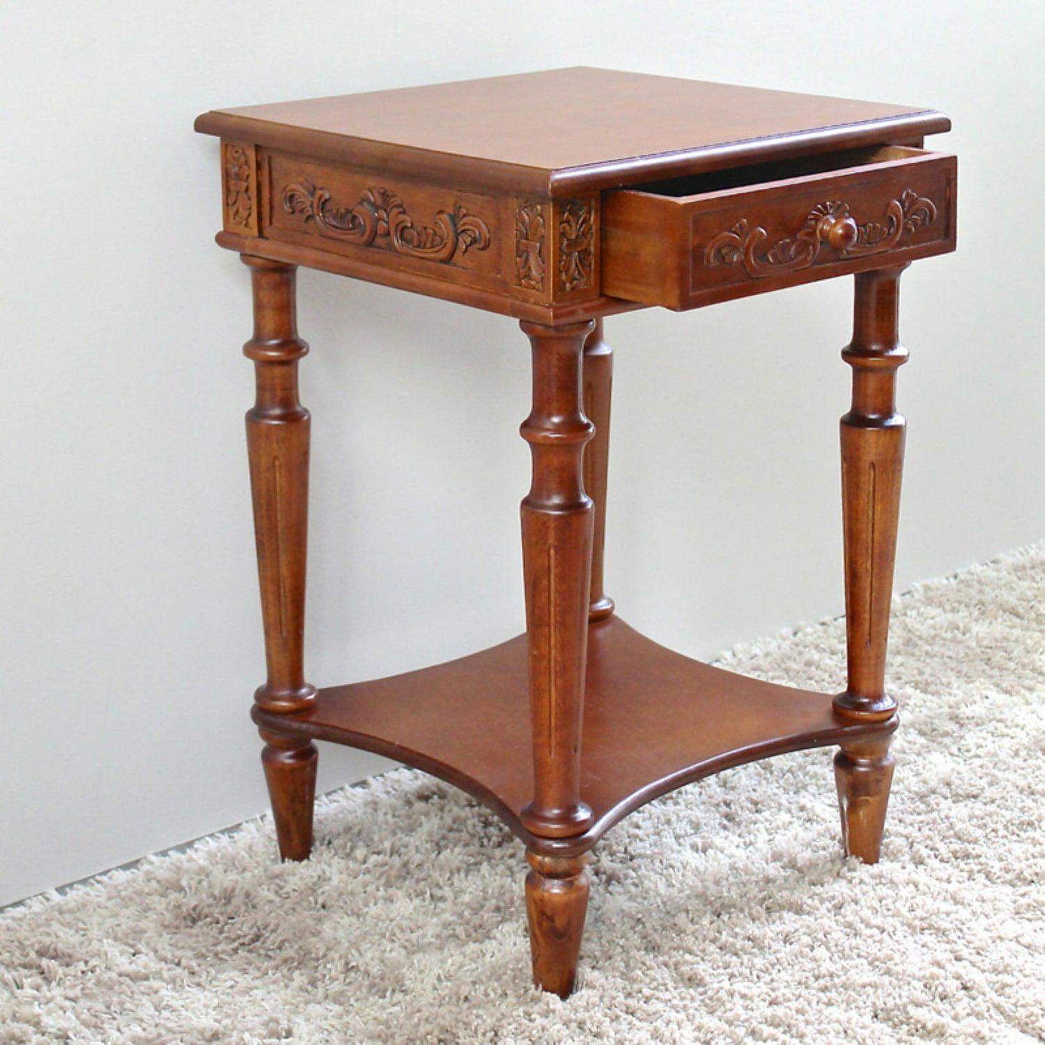 Windsor Carved Wood Wooden Square Table with Drawer - Walnut - Image 2