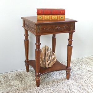 Windsor Carved Wood Wooden Square Table with Drawer - Walnut