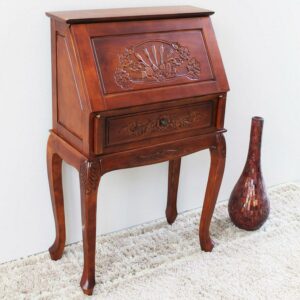 Windsor Carved Wood Hard Wood Small Secretary Desk - Walnut