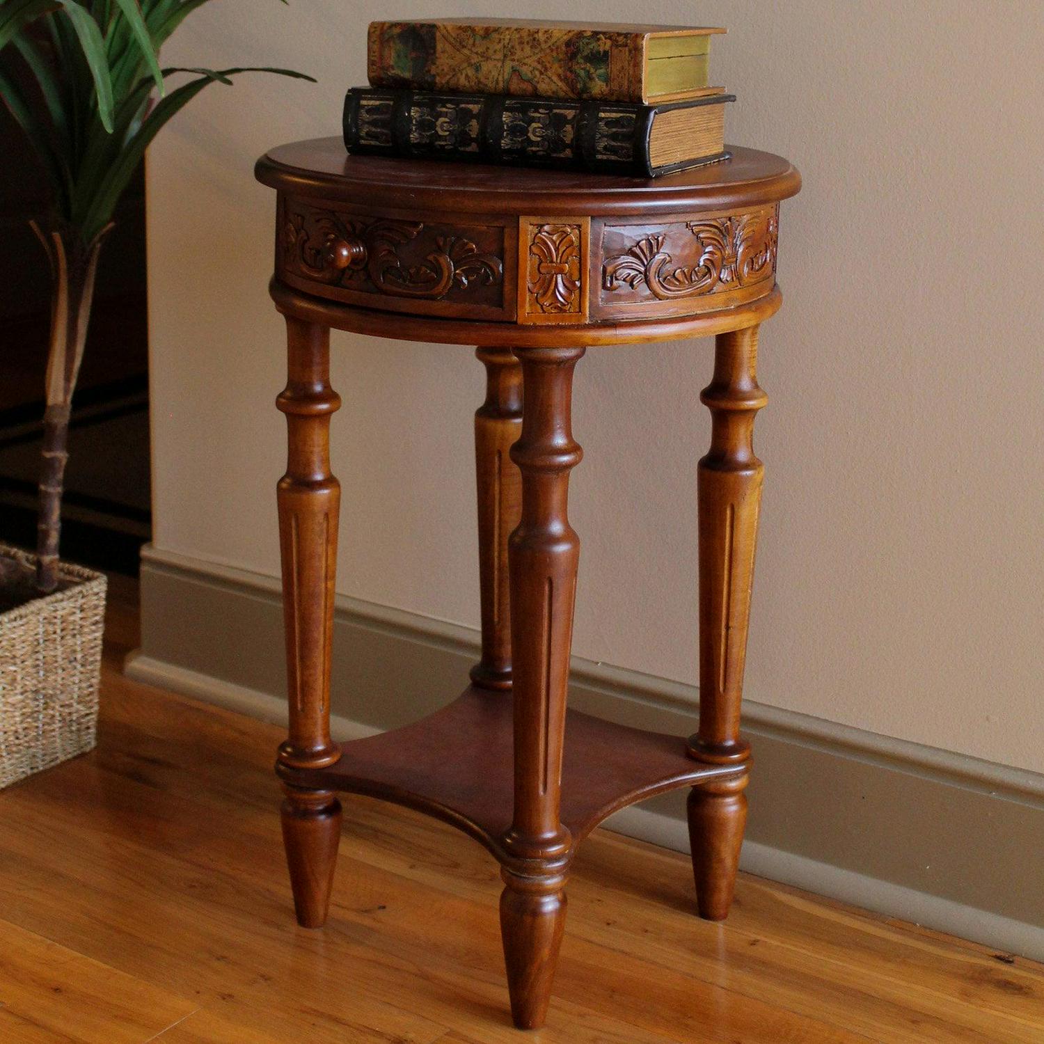 Windsor Carved Wood Round Table with Drawer - Walnut - Image 2