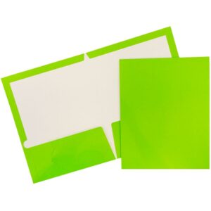 JAM Paper Glossy Two Pocket Folders, Lime Green, 50/Pack