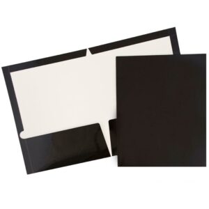 JAM Laminated Two Pocket Glossy Folders, Black, Bulk 50/Box