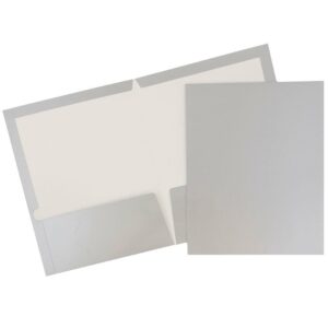JAM Laminated Two Pocket Glossy Folders, Silver, Bulk 50/Box
