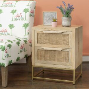Powell Janie 2 Drawer Accent Cabinet, Natural Rattan and Gold Finish