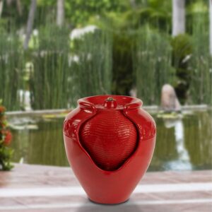 Pure Garden 17” Tall Flower Pot Water Fountain with Pump and Lights, Red