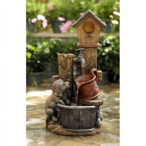 Birdhouse and Dog Resin Water Fountain-Natural