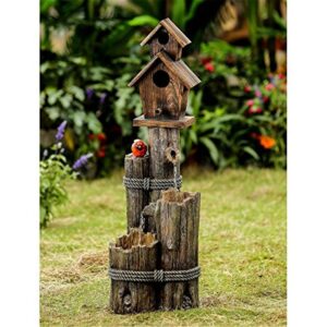 Tiered Wood Finish Water Fountain with Birdhouse