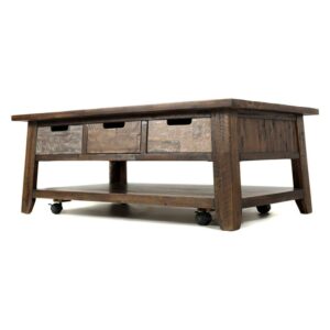 Painted Canyon Rustic Solid Acacia 50" Coffee Table with Pull Through Drawers and Caster Wheels