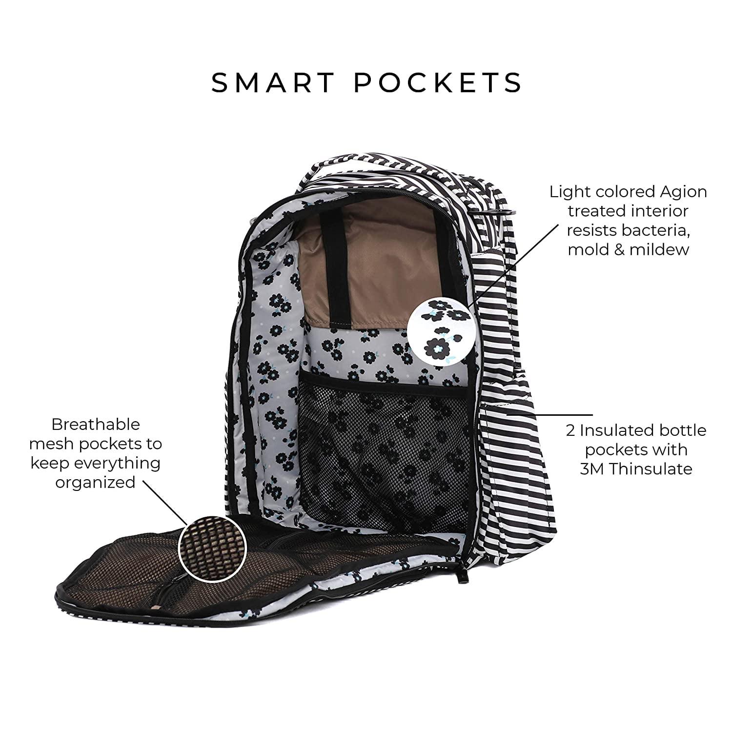 JuJuBe Stripped Be Right Back Backpack Diaper Bag with Memory Foam Changing Pad, Black & White - Image 6