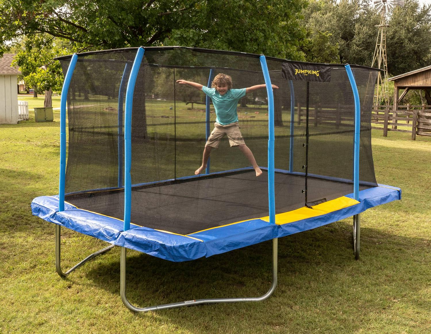 Jumpking Rectangle 10 x 14' Trampoline, with Enclosure, Blue/Yellow - Image 4