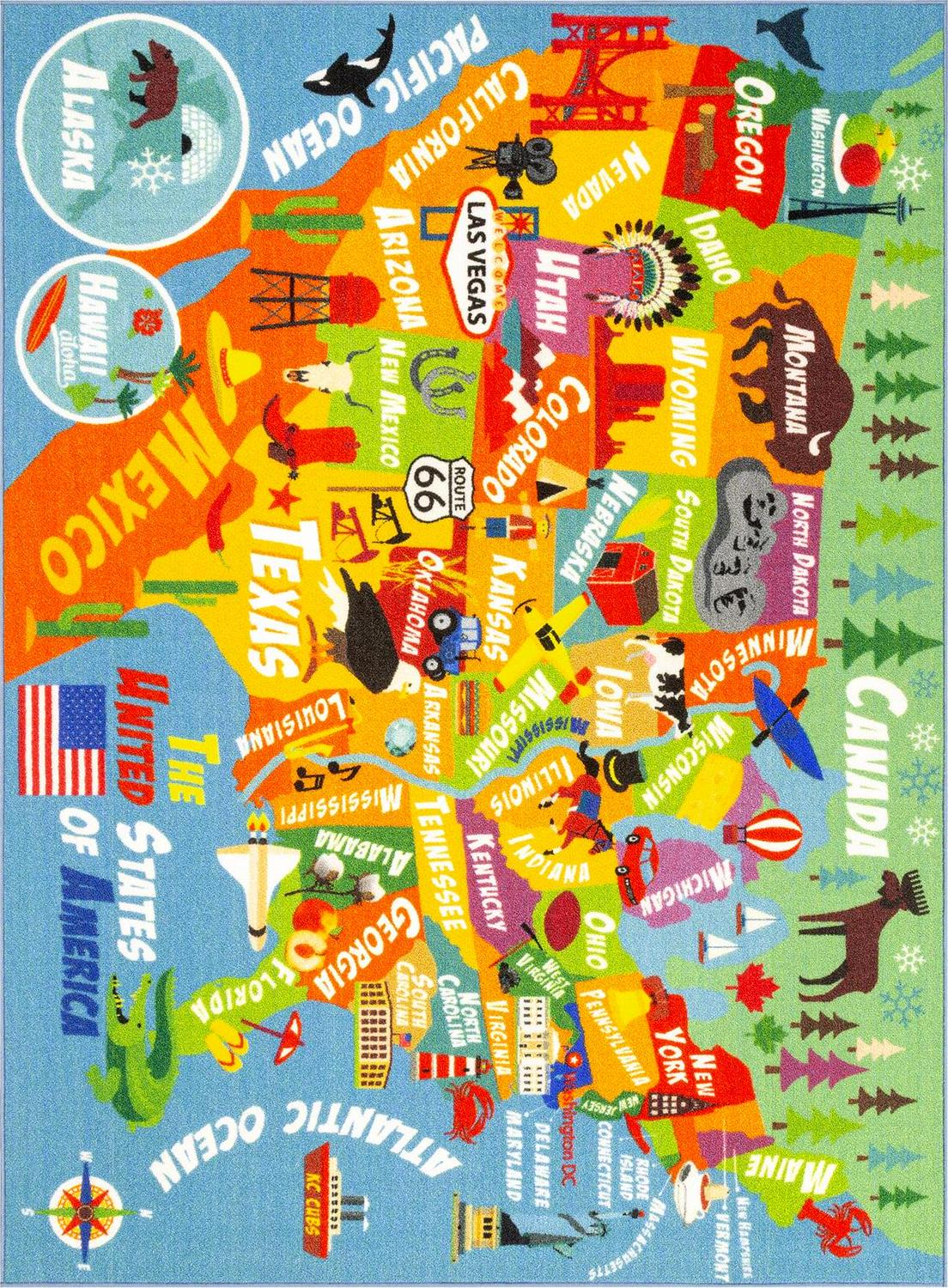 KC CUBS Playtime Collection USA United States Geography Map Educational Learning Area Rug Carpet for Kids and Children Bedrooms and Playroom (5' 0" x 6' 6")