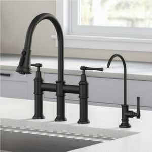 KRAUS Allyn Transitional Bridge Kitchen Faucet and Water Filter Faucet Combo in Matte Black