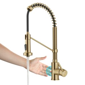 KRAUS Bolden Touchless Sensor Commercial Style 2-Function Single Handle Pull Down Kitchen Faucet in Spot-Free Brushed Brass