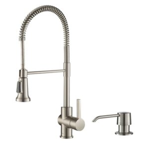 KRAUS Britt™ Single Handle Commercial Kitchen Faucet with Deck Plate and Soap Dispenser in all-Brite™ Spot Free Stainless Steel Finish