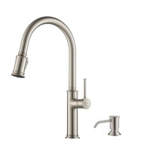 KRAUS Sellette™ Single Handle Pull Down Kitchen Faucet with Deck Plate and Soap Dispenser in all-Brite™ Spot Free Stainless Steel Finish