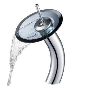 KRAUS Tall Waterfall Bathroom Faucet for Vessel Sink with Clear Black Glass Disk, Chrome Finish