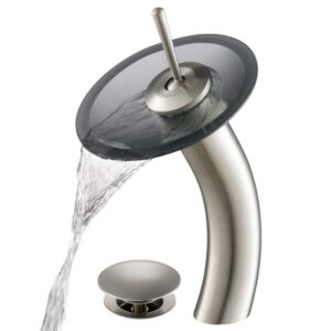 KRAUS Tall Waterfall Bathroom Faucet for Vessel Sink with Frosted Black Glass Disk and Pop-Up Drain, Satin Nickel Finish
