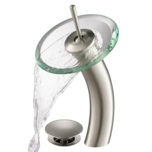 KRAUS Tall Waterfall Bathroom Faucet for Vessel Sink with Clear Glass Disk and Pop-Up Drain, Satin Nickel Finish