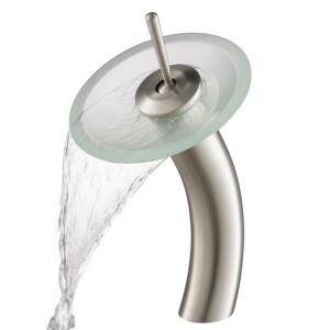 KRAUS Tall Waterfall Bathroom Faucet for Vessel Sink with Frosted Glass Disk, Satin Nickel Finish