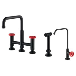 KRAUS Urbix™ Industrial Bridge Kitchen Faucet and Water Filter Faucet Combo in Matte Black/Red