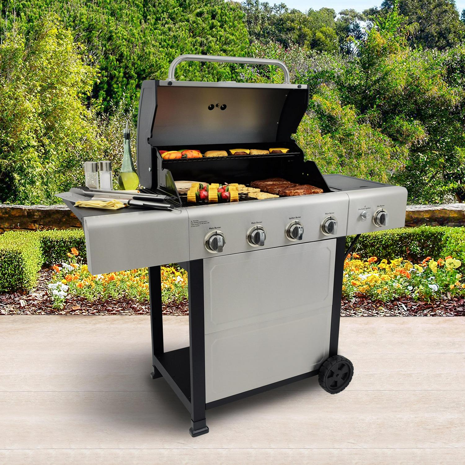 Kenmore 4-Burner Outdoor Propane Gas Grill with Side Burner, Open Cart, Stainless Steel - Image 2
