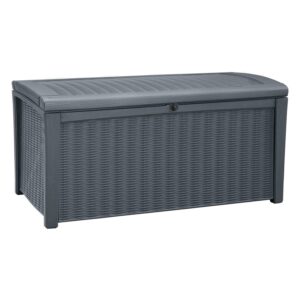 Keter Borneo 110 Gallon Rattan Plastic Outdoor Storage Deck Box Bench, Grey