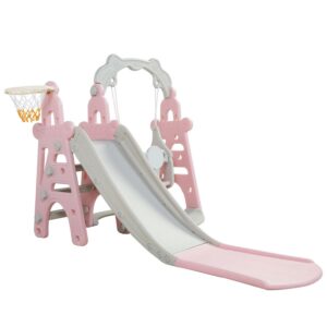 Hommoo Toy,Kids Swing and Slide Set, 3-in-1 Slide with Basketball Hoop, Pink+Gray