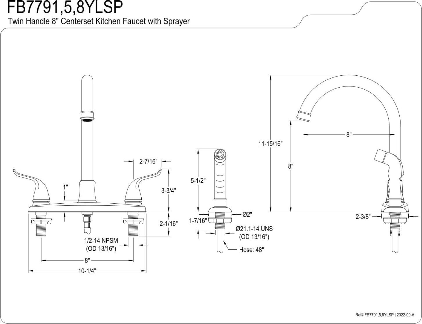 Kingston FB7795YLSP Yosemite Two-Handle 4-Hole 8" Centerset Kitchen Faucet with Side Sprayer in Oil Rubbed Bronze - Image 3