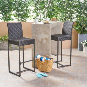 Kolton Outdoor 30 Inch Wicker Barstool, Set of 2, Dark Brown
