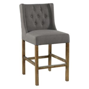 Wooden Counter Height Stool with Fabric Padded Seat and Tufted Wing Back Gray and Brown- Saltoro Sherpi