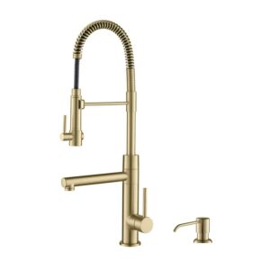 Kraus Artec Pro 2-Function Commercial Style Pre-Rinse Kitchen Faucet with Pull-Down Spring Spout and Pot Filler in Spot Free Antique Champagne Bronze with Soap Dispenser