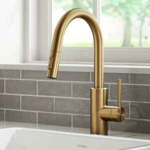 KRAUS Oletto Single Handle Pull Down Kitchen Faucet with QuickDock Top Mount Installation Assembly in Spot-Free Brushed Brass