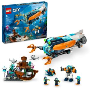 LEGO City Deep-Sea Explorer Submarine Building Set, Ocean Toy with Shipwreck Setting, Sharks & Minifigures, 60379