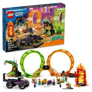 LEGO City Stuntz Double Loop Stunt Arena 60339, Monster Truck Playset with 2 Toy Motorcycles, Ramp, Wall of Flames, Ring of Fire, Snapping Snake Loop and 7 Minifigures, for Kids Ages 7 Plus