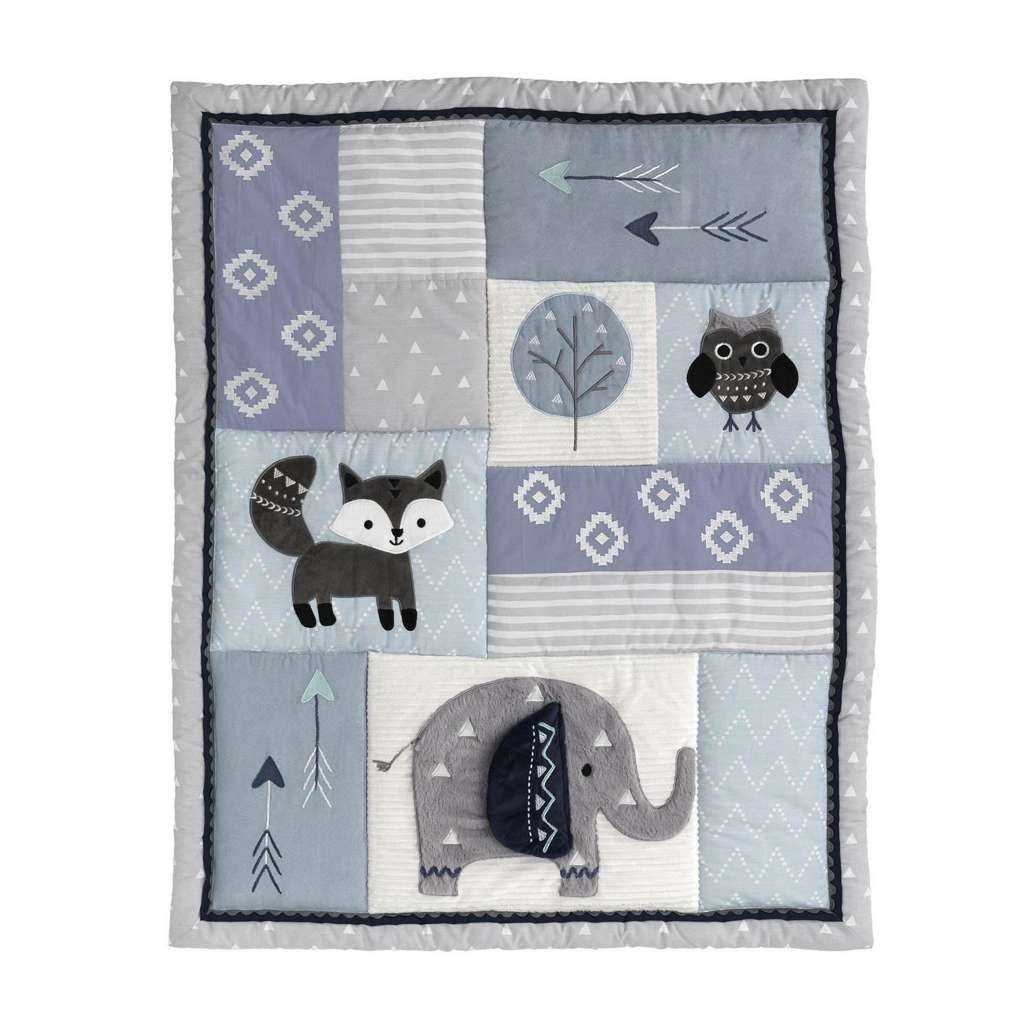 Lambs and Ivy Stay Wild 4-Piece Crib Bedding Set - Blue, Gray, White, Animals - Image 3