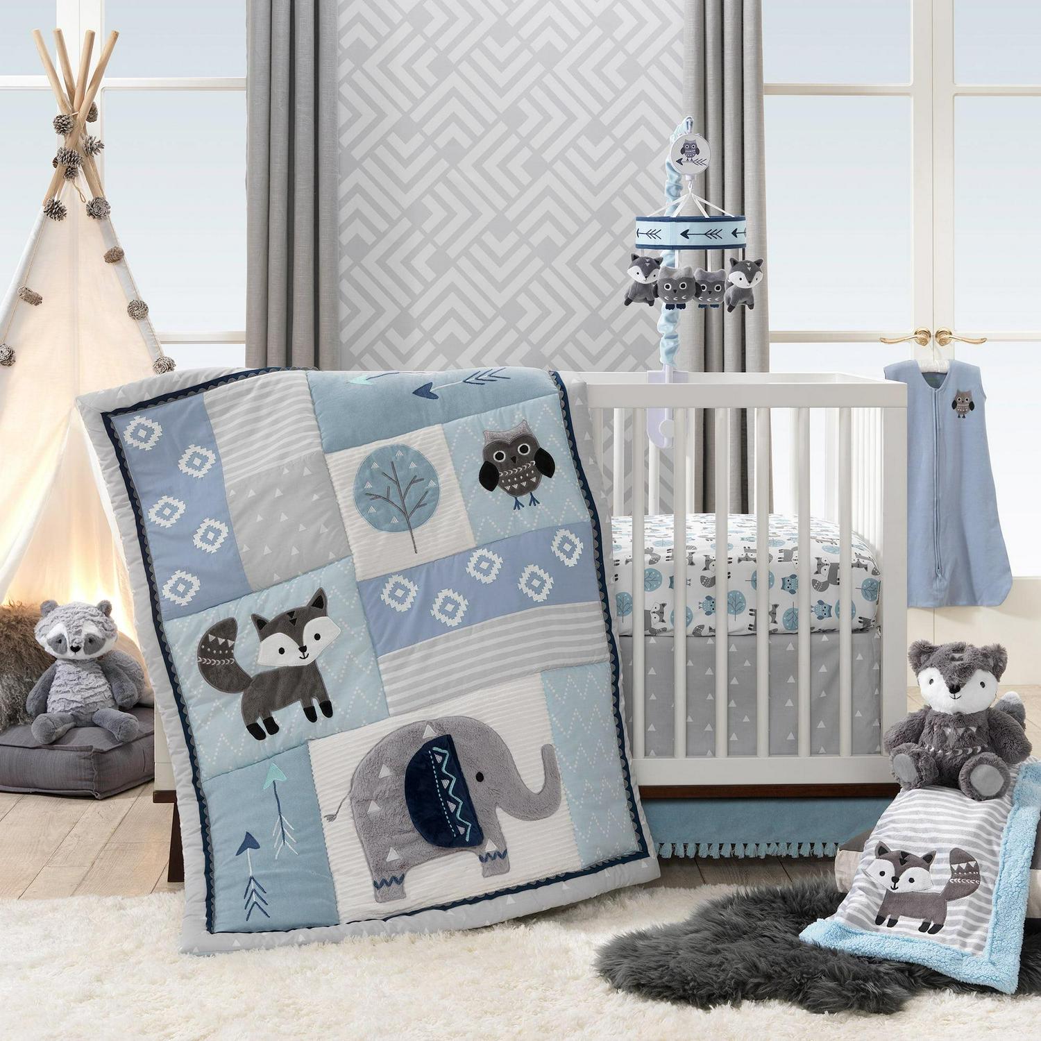 Lambs and Ivy Stay Wild 4-Piece Crib Bedding Set - Blue, Gray, White, Animals