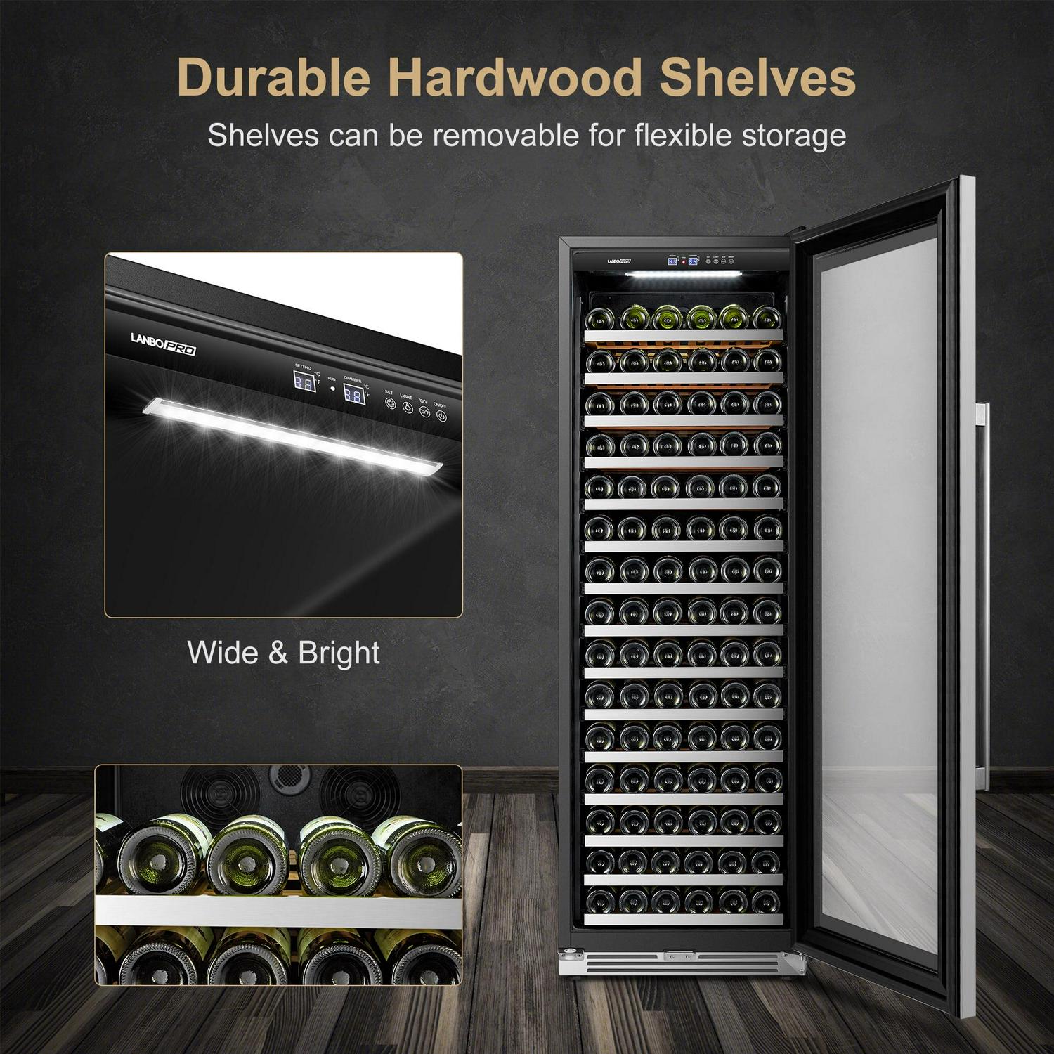 Lanbopro 164 Bottles 24 inch Width Single Zone Wine Cooler in Seamless Stainless Steel - Image 7