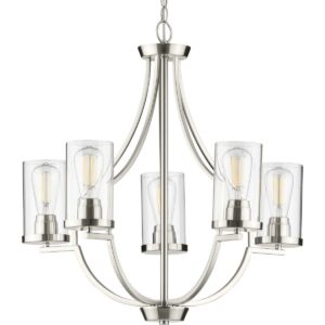P400197-009-Progress Lighting-Lassiter - 26 Inch Height - Chandeliers Light - 5 Light - Cylinder Shade - Line Voltage-Brushed Nickel Finish