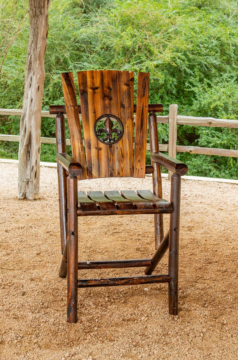 Leigh Country Char-Log Adult Outdoor Wood Bar Height Armchair with Fleur De Lis Medallion - Brown - Image 4