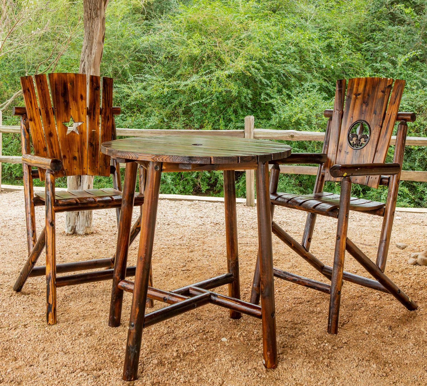 Leigh Country Char-Log Adult Outdoor Wood Bar Height Armchair with Fleur De Lis Medallion - Brown - Image 5