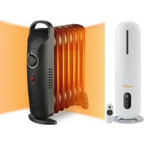 Lifeplus 700-Watt Oil Filled Electric Space Heater and Crane USA Cool Mist Tower Top Fill Humidifier with Remote, 2 Gallons, 500 Sq. ft Coverage, UV Ionizing Light, White