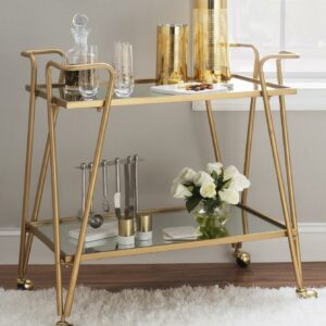 Linon Mia Metal and Mirrored Mid-Century 2 Level Rolling Bar Cart in Gold