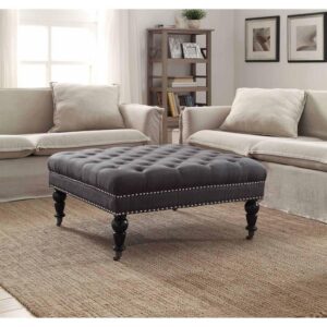 Linon Isabelle Square Upholstered Ottoman Black Legs in Charcoal Gray Fabric