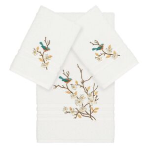 Authentic Hotel and Spa Turkish Cotton Blue Bird Embroidered White 3-piece Towel Set